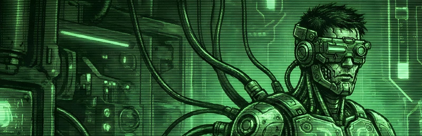 게임 『UNHUMAN』의 콘셉트 아트. CRT 녹색 가로줄무늬 이미지로, 기계장치와 케이블이 많이 붙어 사이보그처럼 보이는 남성이 여러 장치들이 있는 방 안에 있는 이미지.