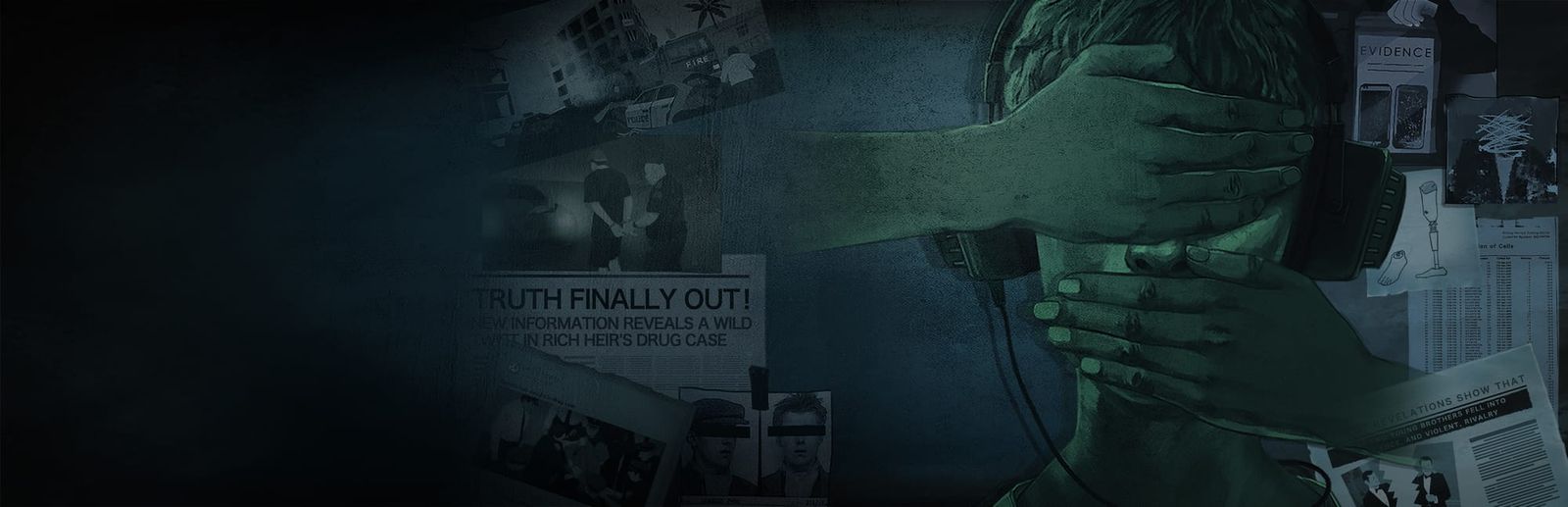게임 『Unheard』의 콘셉트 아트. 탐정의 스크랩보드처럼 사진 기사들이 정리된 벽을 배경으로, 녹색조로 묘사된 사람이 눈과 입을 다른 사람의 손으로 가려진 채 큰 헤드셋을 차고 있는 모습의 일러스트.