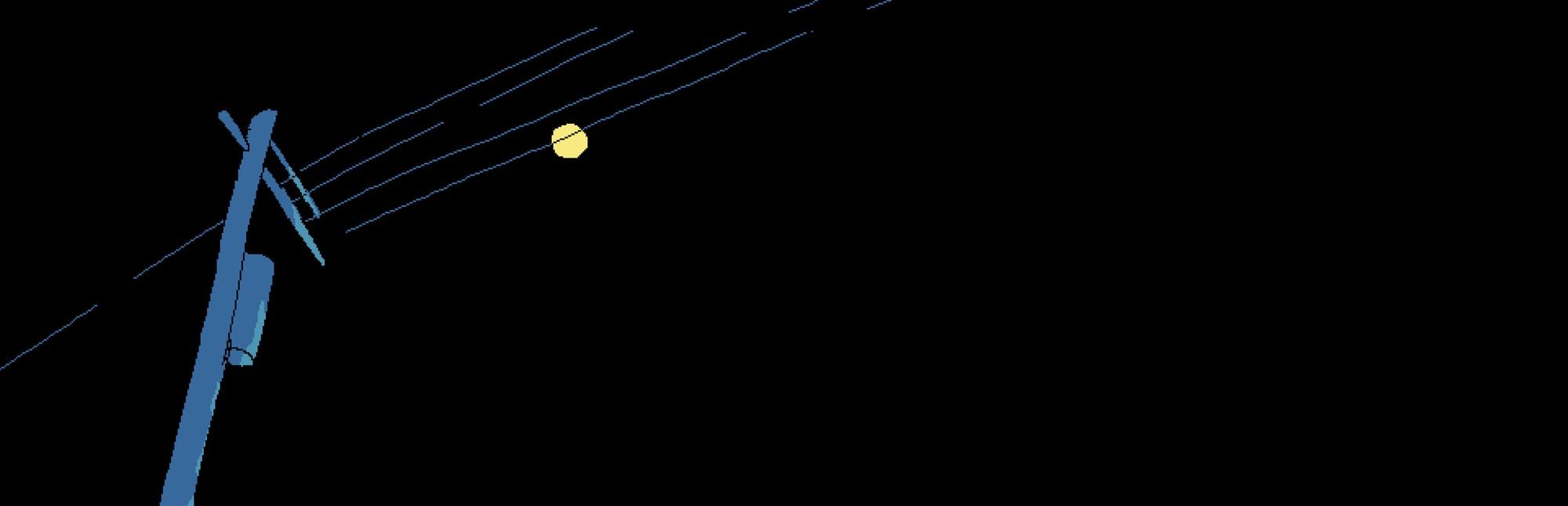 게임 『패밀리 레스토랑을 향유하라』의 콘셉트 이미지. 검은 밤 배경에 푸른 색으로 빛나는 전신주와 전선, 거기 걸쳐 있는 노란 보름달이 묘사되어 있다.