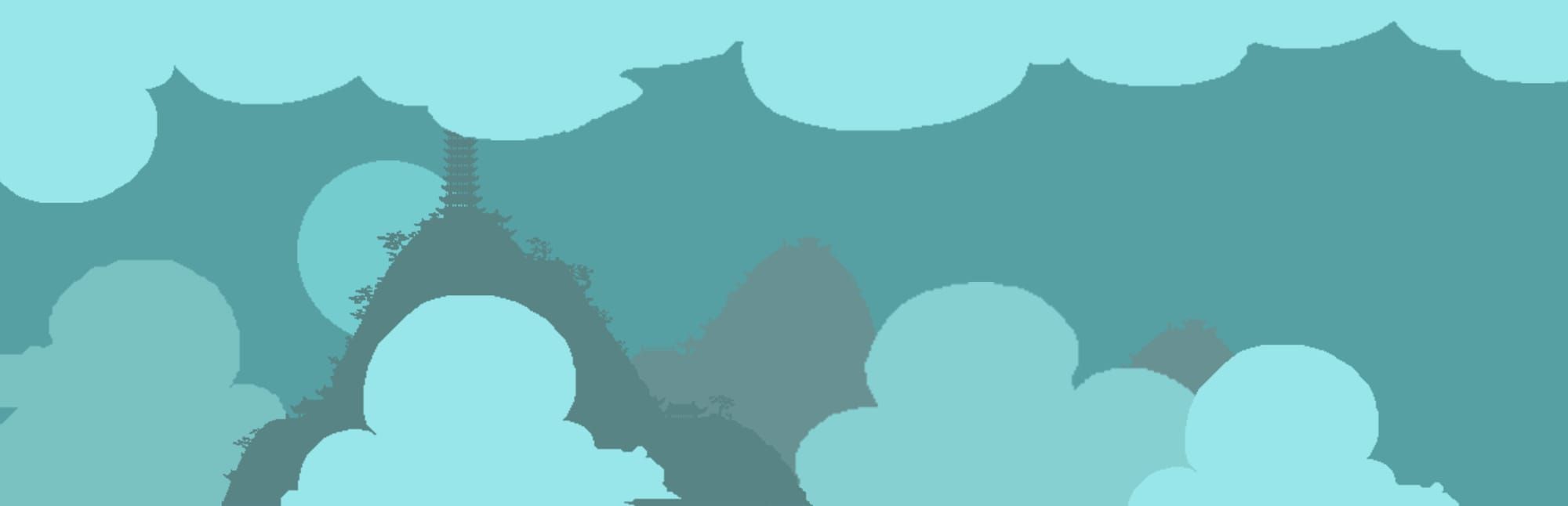 게임 『Aotenjo: Infinite Hands』의 콘셉트 이미지. 파란색 계통의 하늘, 산, 구름, 천체 콘셉트의 기하학적 모양과 산 위에 세워진 탑형 건물을 다루고 있다.