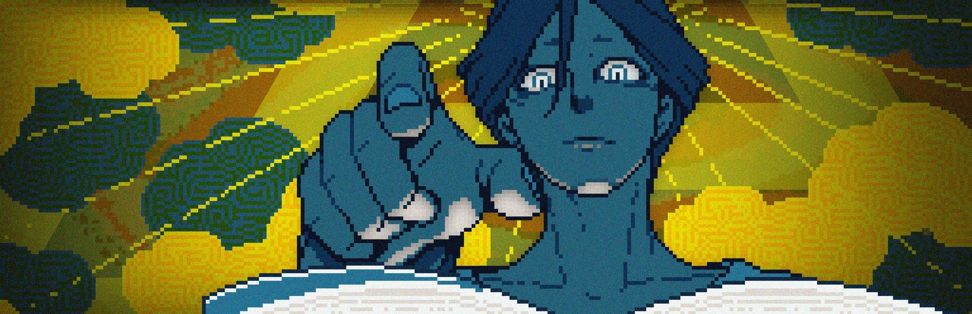 게임 『도시전설 해체센터』의 콘셉트 이미지. 노란 배경에 역광을 받는 창백한 남성이 손가락으로 책의 한 부분을 짚으려는 동작을 하고 있는 모습.