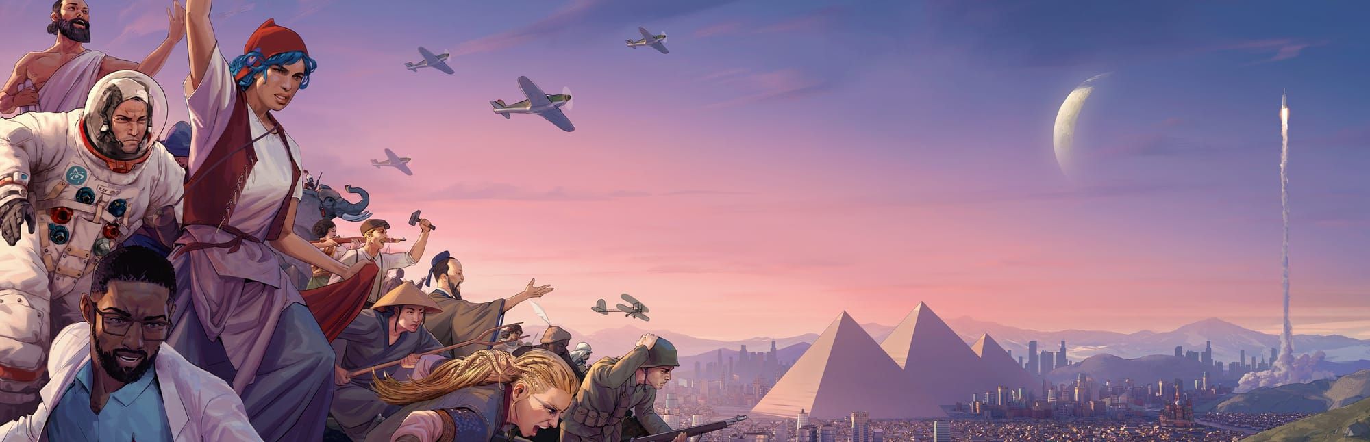 게임 『휴먼카인드』의 콘셉트 이미지. 다양한 인종, 시대, 직업의 인물들이 피라미드, 단엽기, 우주 로켓 발사, 대도시, 여명과 함께 그려져 있다.