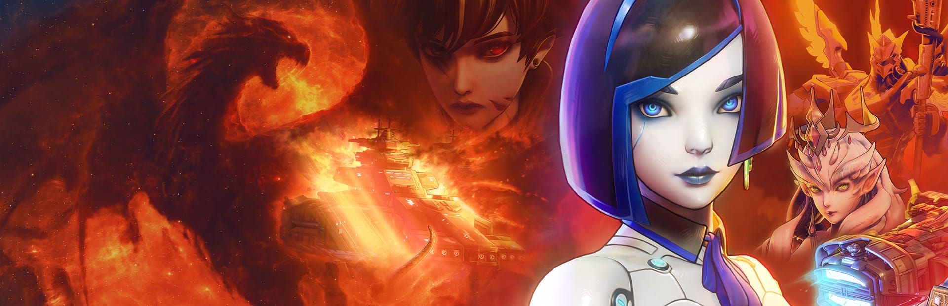 게임 『Subverse』의 콘셉트 이미지. 붉은 용이 포효하고 다른 캐릭터들이 있는 배경 앞에, 검은 머리와 파란 포인트컬러, 흰 피부의 여성 안드로이드의 초상이 있다.