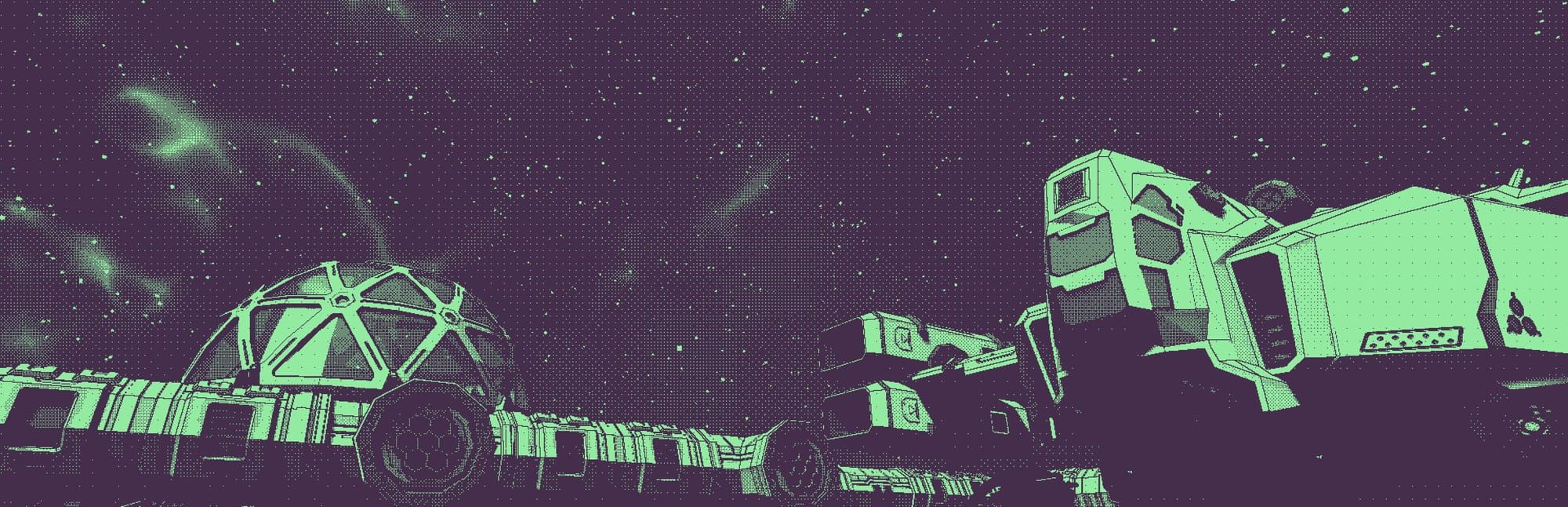 게임 『Moonbase Lambda』의 콘셉트 이미지. 검은색과 연두색 단색의 그라데이션으로 우주기지의 모습이 묘사되어 있다.