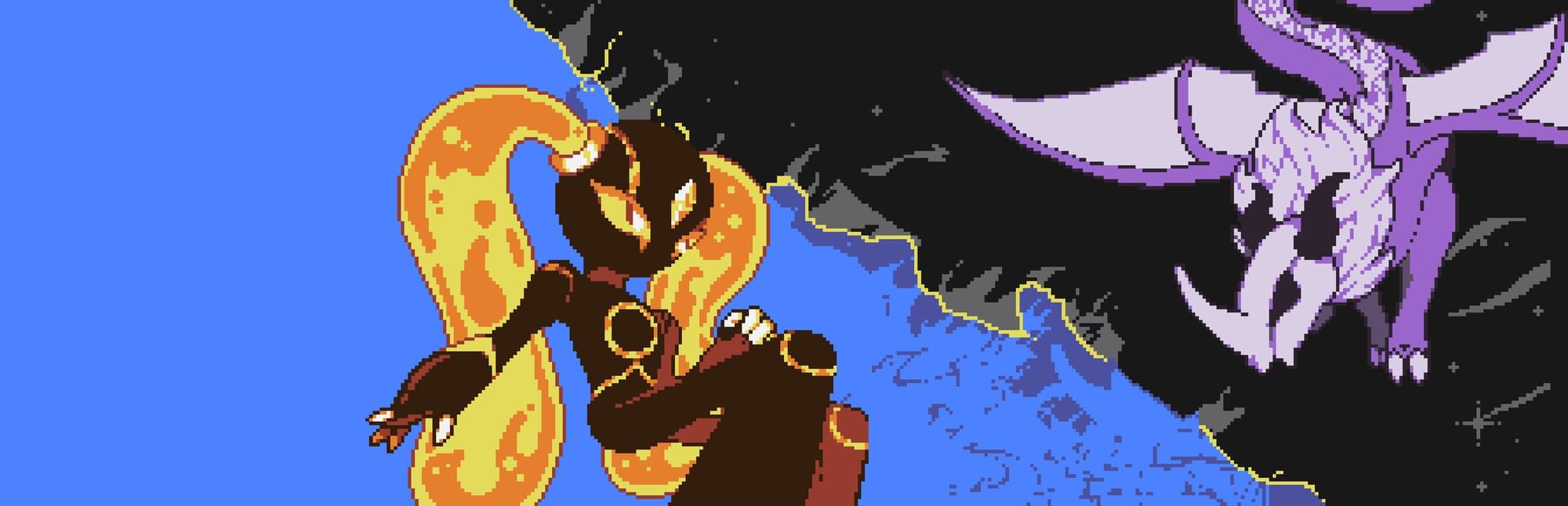 게임 『Dokimon: Quest』의 콘셉트 이미지. 파란 배경과 검은 배경에 주홍색 여성형 몬스터와 보라색 드래곤형 몬스터가 대치하는 모습.