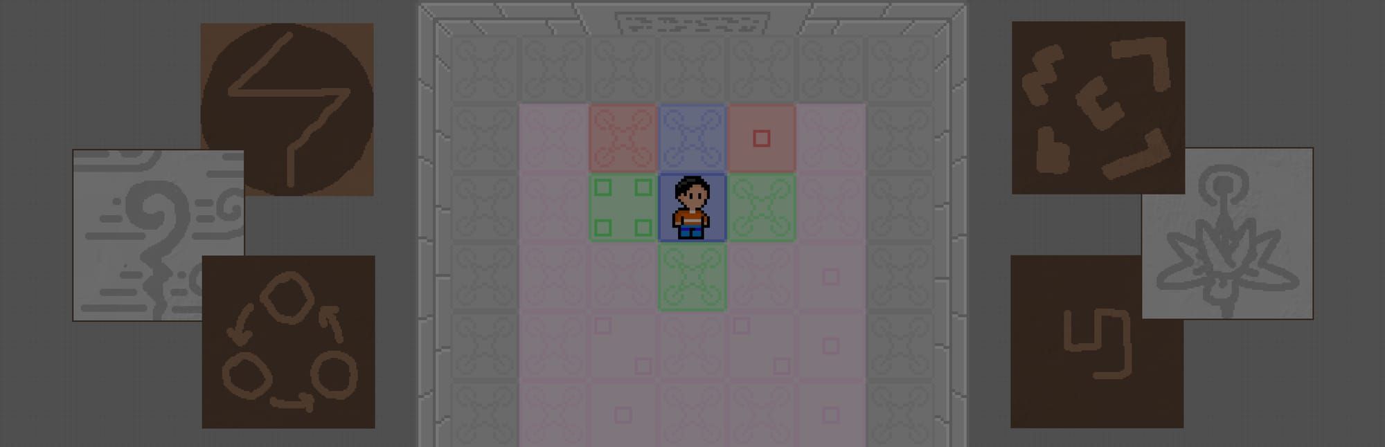 게임 『신을 찾는 이』의 콘셉트 이미지. 여러 도형과 간단한 그림, 방 안의 발판 위에 서 있는 주인공 캐릭터.