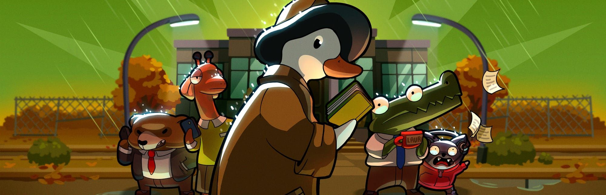 게임 『Duck Detective: The Secret Salami』의 콘셉트 아트. 트렌치 코트를 입고 수첩을 든 오리 뒤편으로 의인화된 동물들과 건물이 있다.