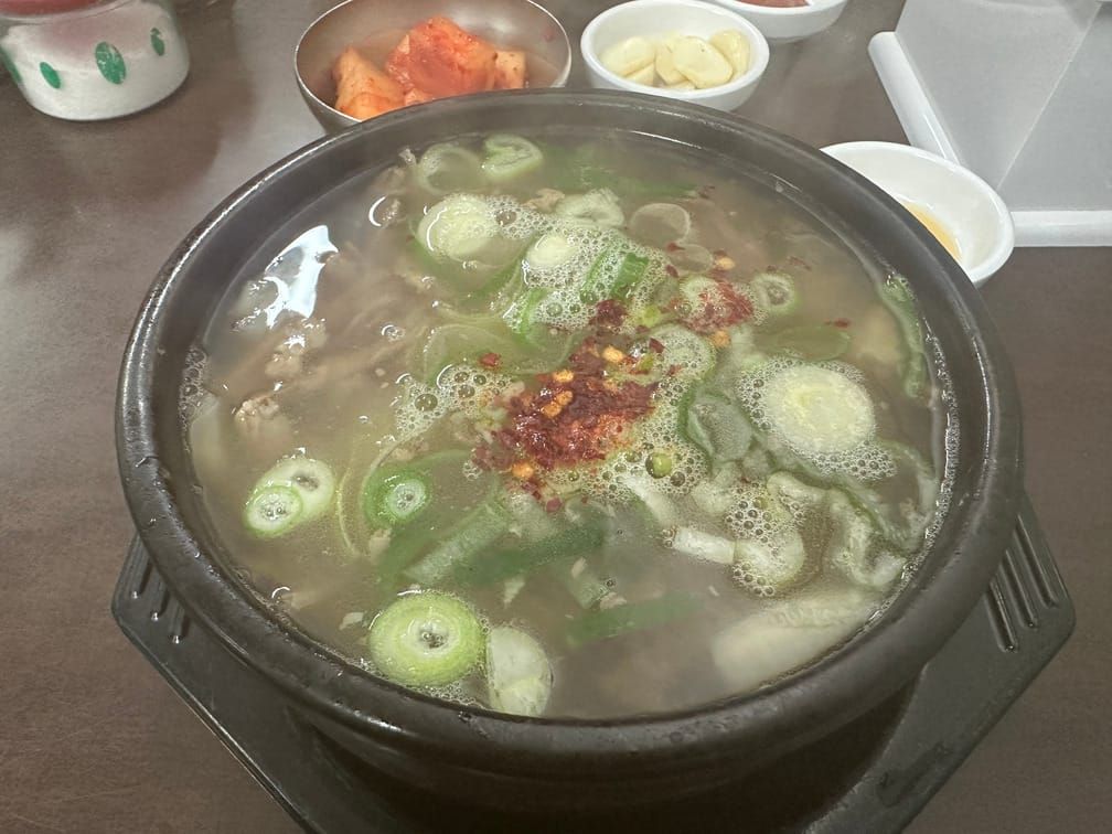 맑은 국물에 파, 고추가루가 떠 있고 국물 아래 고기가 보이는 뚝배기.