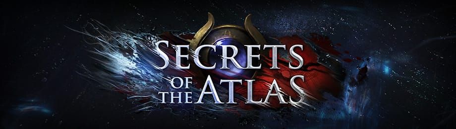 게임 『패스 오브 엑자일』의 확장팩 『아틀라스의 비밀』의 로고 이미지. 우주를 배경으로 흰색 깨진 흔적, 붉은 염료 흔적, 청동 장식 등이 배치되어 있다.