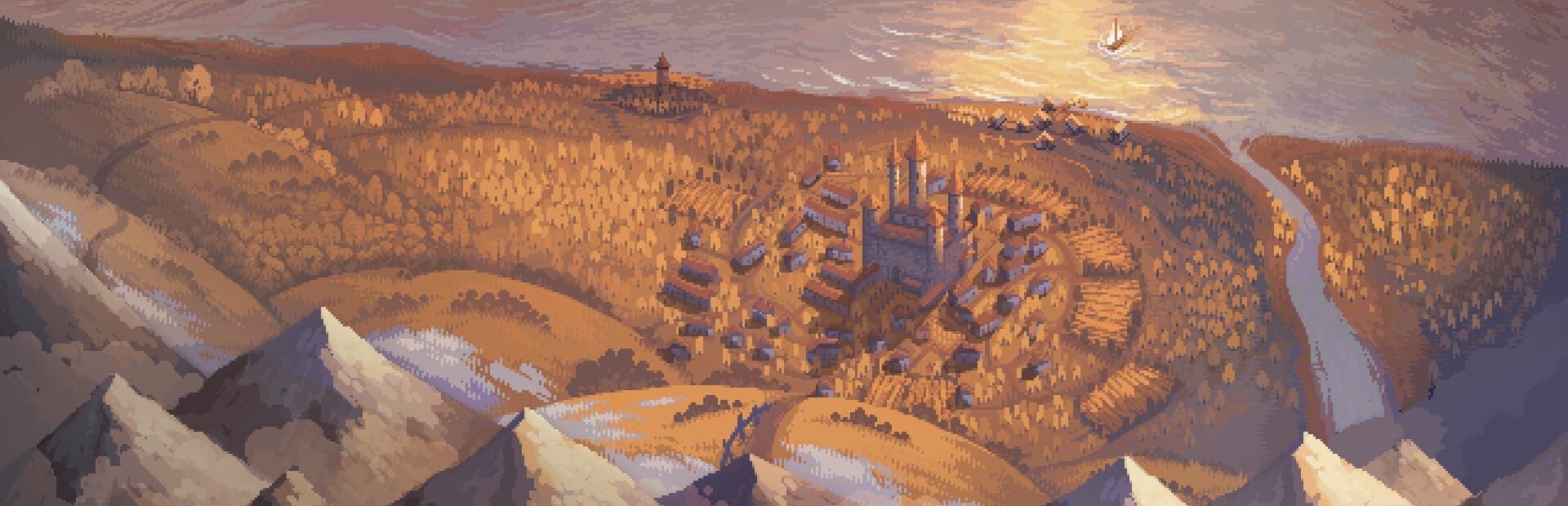 게임 『Heroes of Hammerwatch II』의 콘셉트 이미지. 높은 곳에서 올려본 중세 성채와 주변 집, 평야와 바다로 이루어진 마을의 저녁 풍경의 도트 그림.