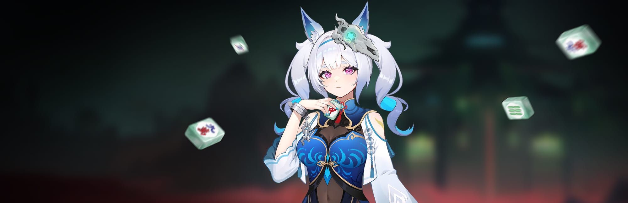 게임 『Demonic Mahjong』의 콘셉트 이미지. 어두운 하늘 흐릿한 건물을 배경으로, 떠 있는 마작패와 함께 마작패를 쥐고 있는 여성 캐릭터의 이미지.