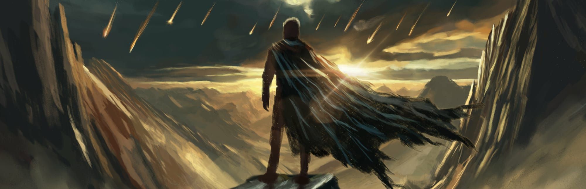 게임 『Striving for Light』의 콘셉트 이미지. 절벽 사이에 서 있는 해진 망토를 걸친 사람의 뒷모습과 멀리 떨어지고 있는 유성들.