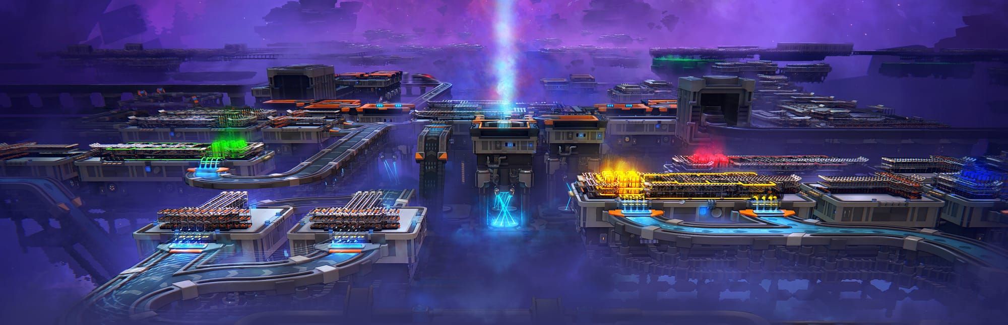 게임 『shapez 2』의 콘셉트 이미지. 미래적인 콘베이어벨트와 시설물로 구성되고, 가운데에 빛의 기둥이 솟아오르는 우주 느낌의 공장.