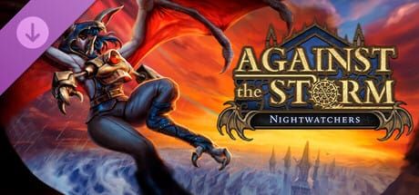 게임 『Against The Storm』의 DLC 『Nightwatchers』의 헤더 이미지. 박쥐형 인간이 도시를 먼 배경으로 날고 있는 붉은 하늘 이미지.