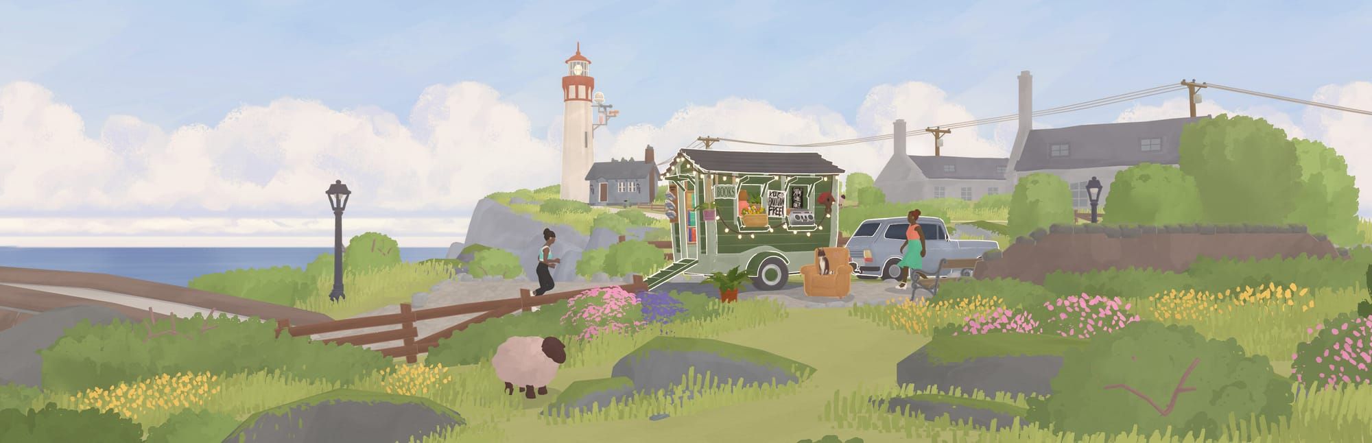게임 『Tiny Bookshop』의 콘셉트 이미지. 자동차에 견인된 트레일러가 서점으로 꾸며져 있어 등대가 보이는 바닷가 마을에 세워져 있고, 사람들이 그 주변에 모여 있는 이미지.