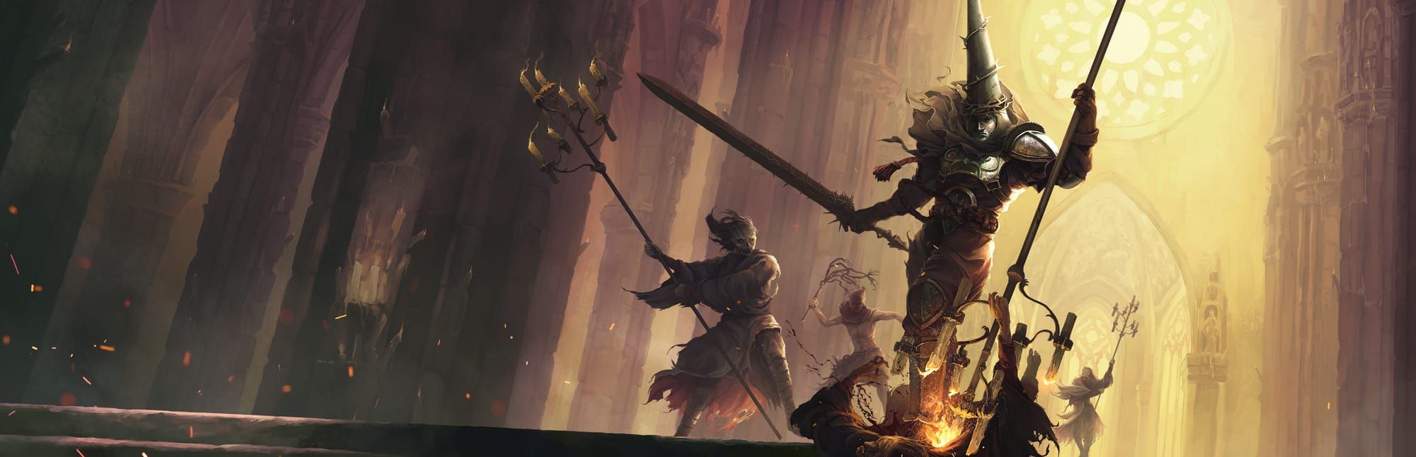 게임 『Blasphemous』의 콘셉트 이미지. 높은 기둥이 있는 교회풍 건물에서 갑옷을 입은 큰 사람과 여러 사람이 촛대 등을 들고 싸우는 모습.