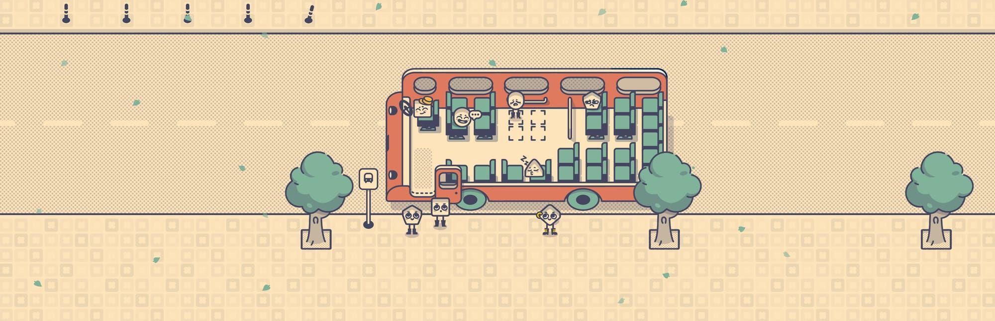 게임 『Is This Seat Taken?』의 테마 이미지. 도트로 묘사된 도로 위에 버스와 버스에 탑승하기 전 후, 웃거나 찡그린 표정의 의인화된 도형들이 서 있다.