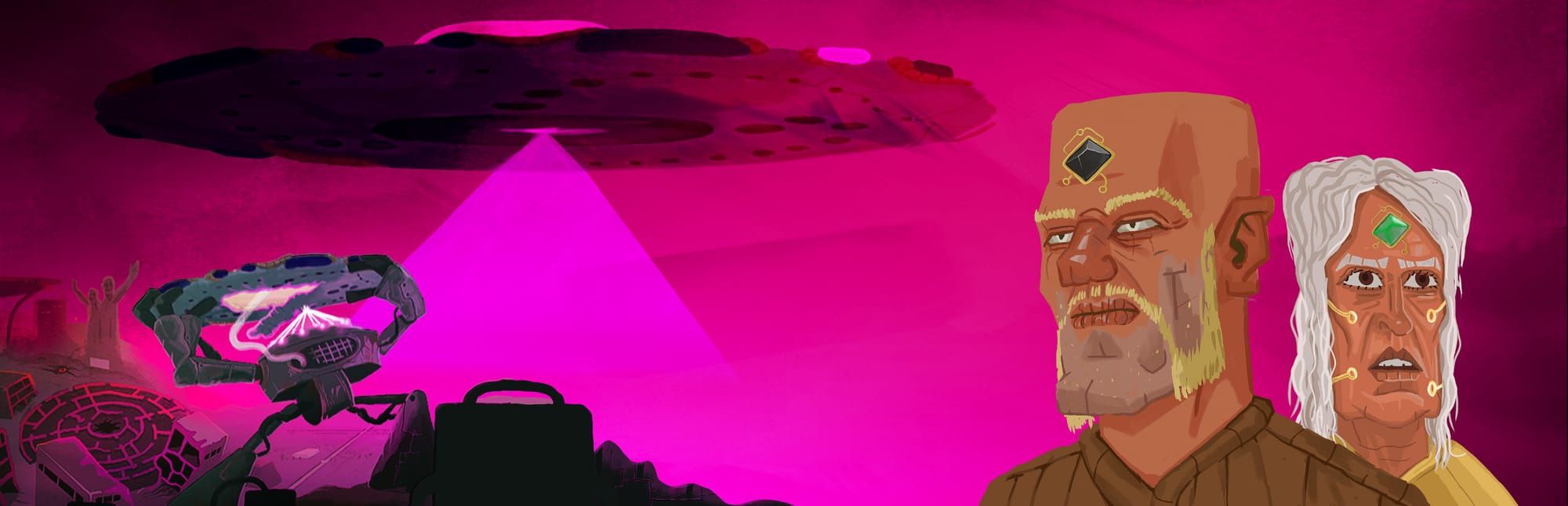 게임 『Golden Idol Investigations - The Age of Restraint』의 콘셉트 이미지. 두 명의 등장인물과 UFO같은 원반, 원반을 든 기계가 마젠타색 배경에 어둡게 묘사되어 있다.