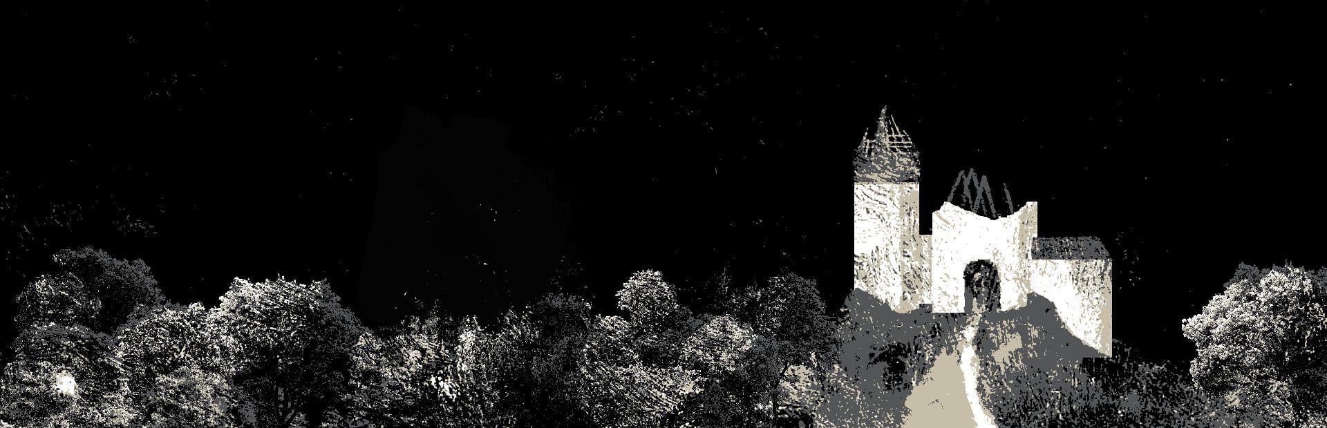 게임 『Felvidek』의 콘셉트 이미지. 숲 저편의 반파된 중세 유럽의 성채가 색 수가 적은 흑백 점묘화로 묘사되어 있다.