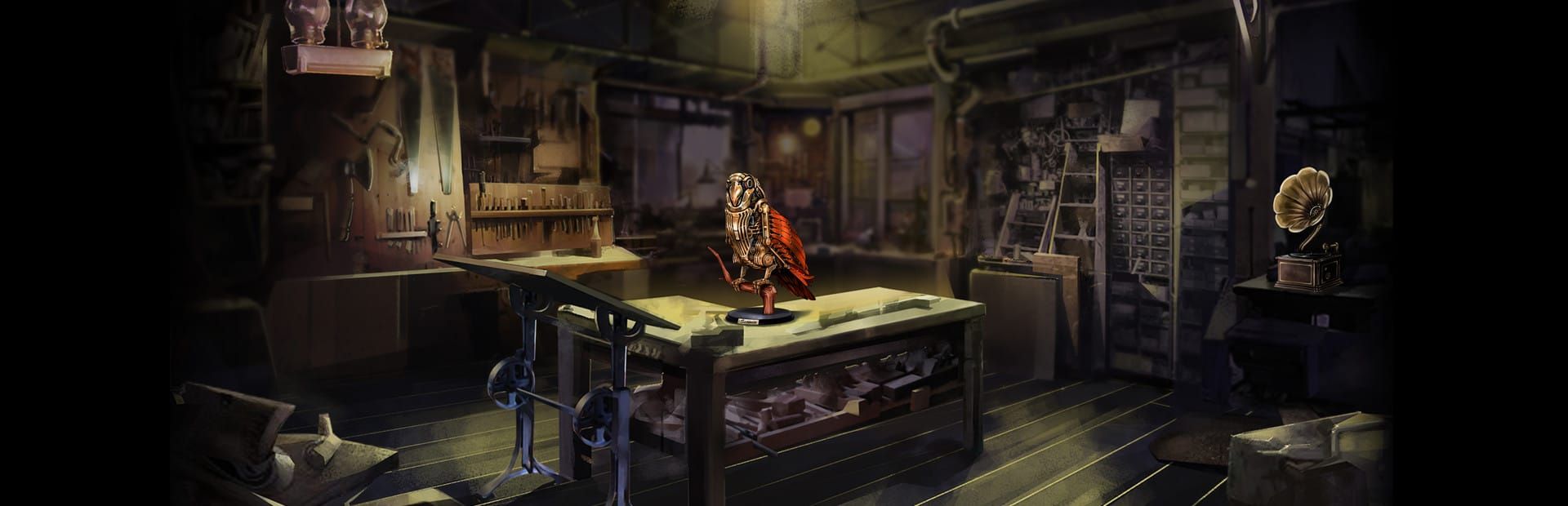 게임 『Alan's Automation Workshop』의 콘셉트 이미지. 오래된 기계장치 공방의 가운데에 붉은 날개의 기계장치 새 조각이 놓여 있다.
