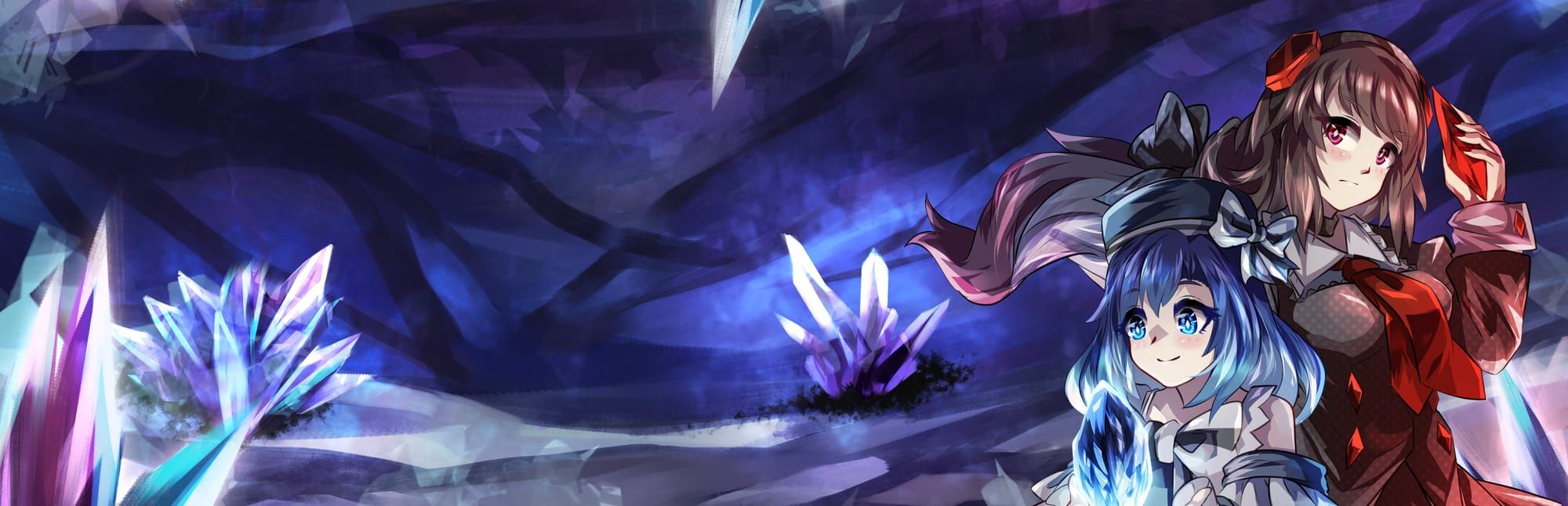 게임 『時巡る宝石精霊』의 콘셉트 이미지. 여러 빛나는 결정이 빛나는 동굴을 배경으로 푸른 빛과 붉은 빛 캐릭터가 그려져 있다.