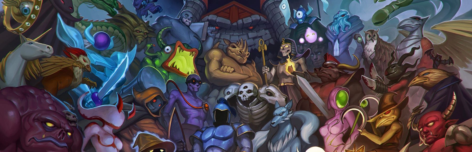 게임 『Siralim Ultimate』의 콘셉트 아트. 다종다양한 몬스터들을 올려다보고 있는 시점.