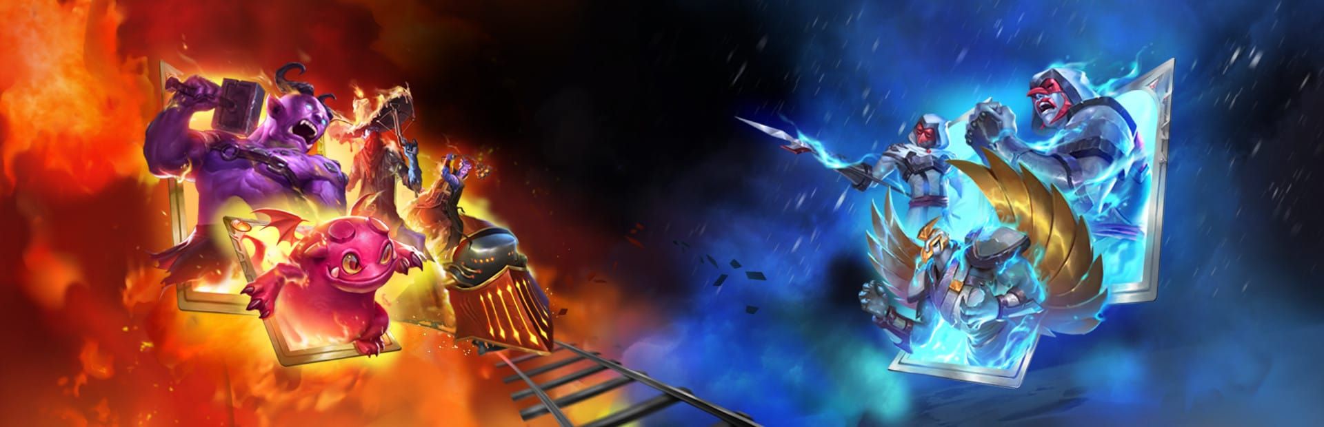 게임 『Monster Train』의 콘셉트 이미지. 붉은 배경의 악마같은 생명체들과 푸를 배명의 강철 생명체들이 카드에서 튀어나오며 대치하고 있고, 열차와 철로가 악마들로부터 나오고 있다.가