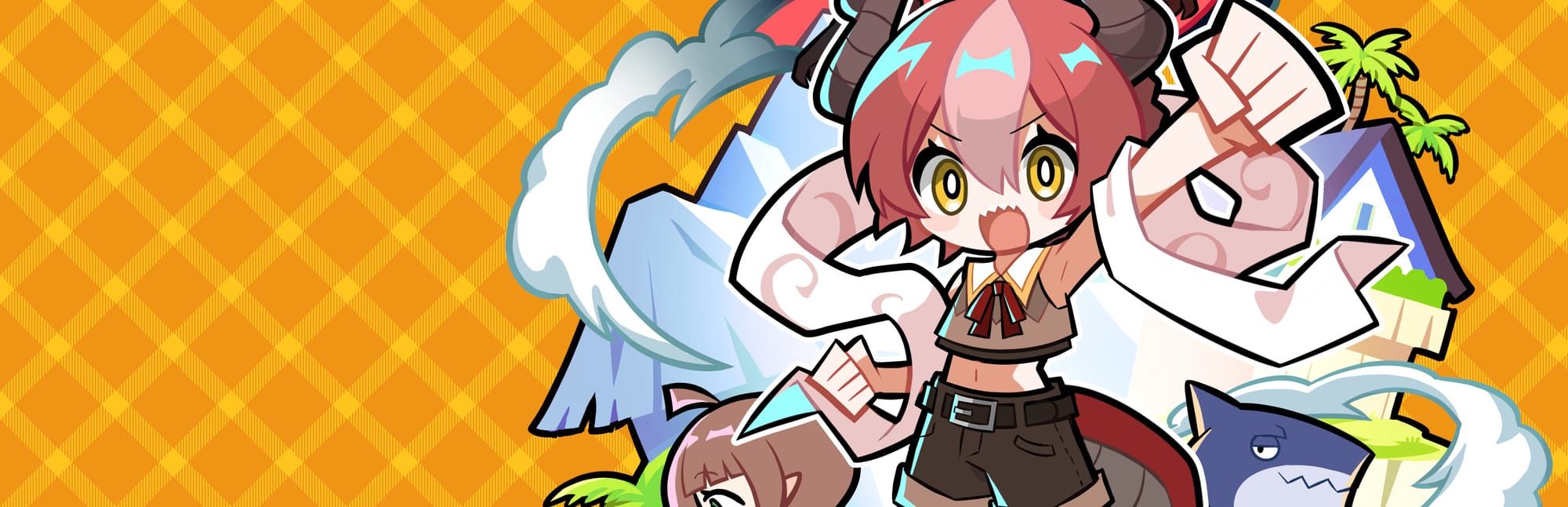 게임 『DRAPLINE』의 콘셉트 아트. 파인애플색 격자 배경에 머리에 뿔이 난 아이가 힘찬 포즈를 취하고 있는 모습.