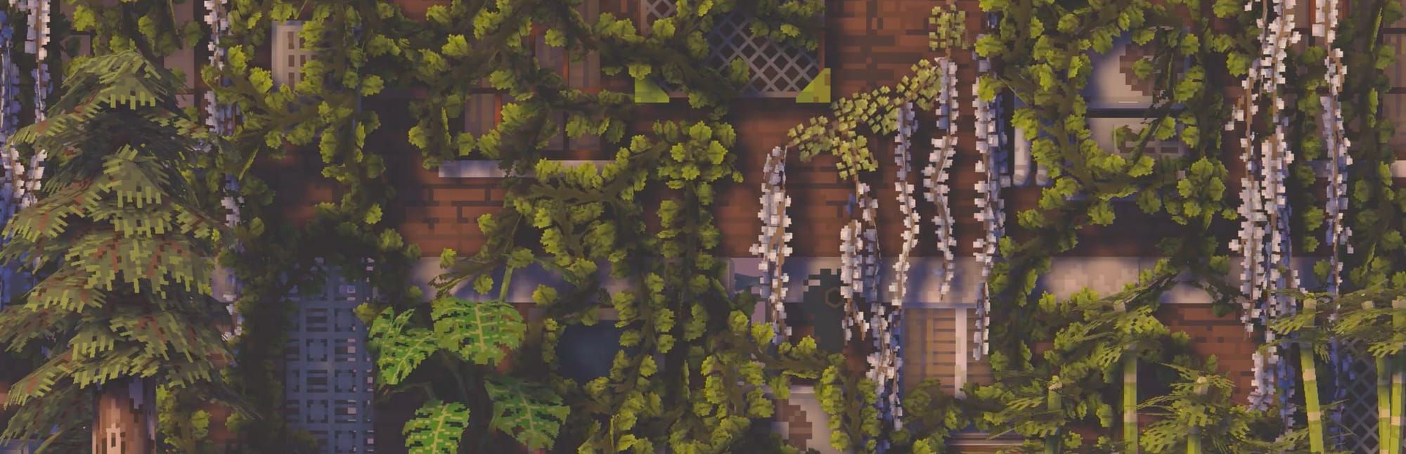 게임 『Cloud Gardens』의 콘셉트 이미지. 나무/벽돌벽에 덩굴식물이 잔뜩 자라 있는 모습.