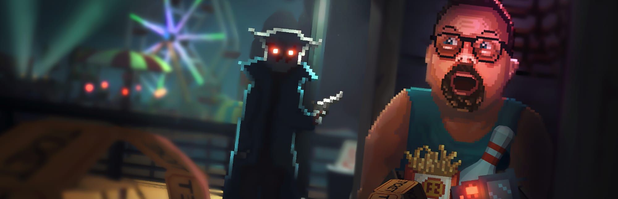 게임 『Wildwood Down』의 콘셉트 아트. 밤의 놀이공원을 배경으로 복면, 트렌치 코트에 권총을 든 사람이 서 있고 살찌고 수염난 캐릭터가 놀라고 있는 모습.