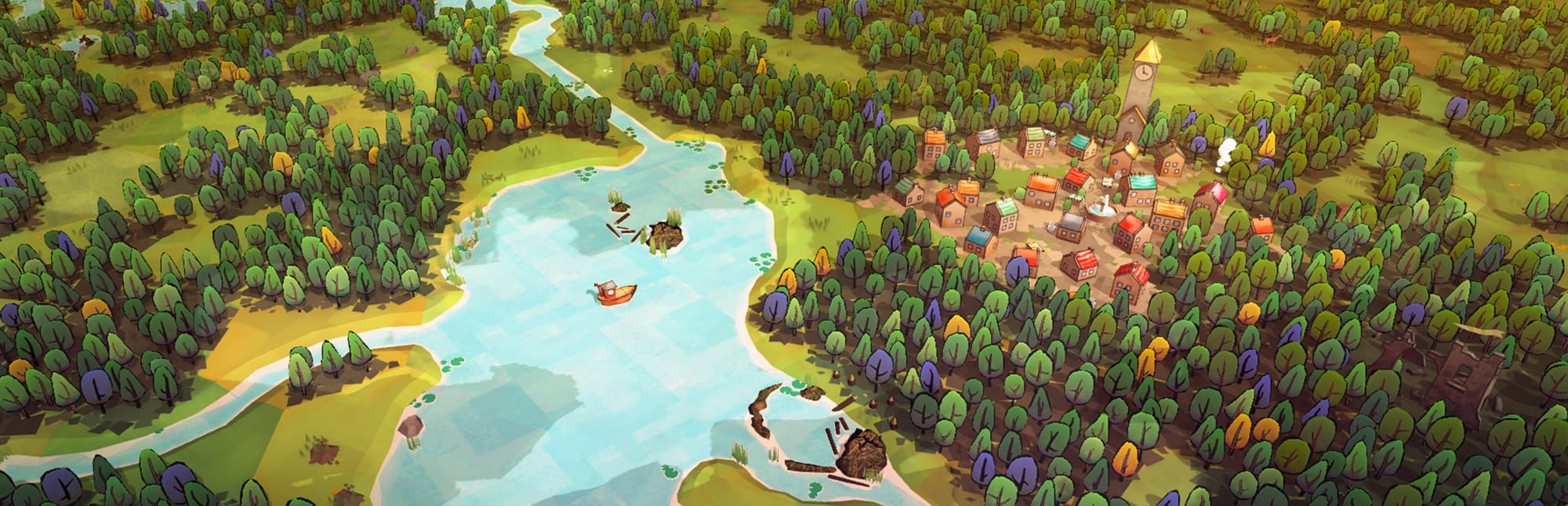 게임 『Dorfromantik』의 콘셉트 이미지. 숲과 마을, 넓은 강이 있는 내려다본 풍경.