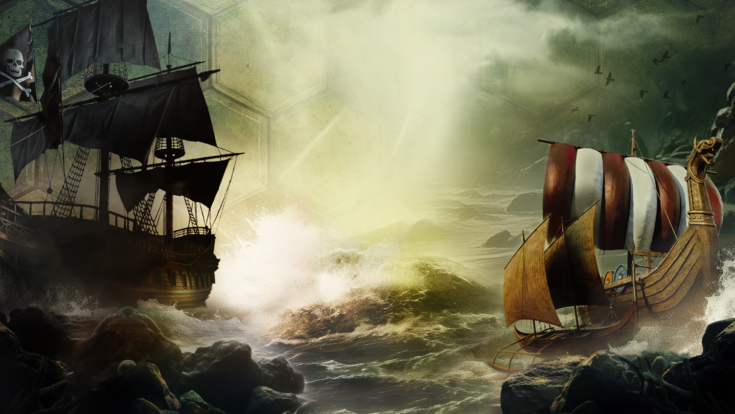 게임  『시드 마이어의 문명 7』의 추가 콘텐츠 「힘의 파도 컬렉션」의 콘셉트 이미지. 파도치는 바다를 배경으로 검은 해적 깃발과 돛이 달린 배와 더 작은 배가 양쪽으로 떠 있는 모습의 도안.