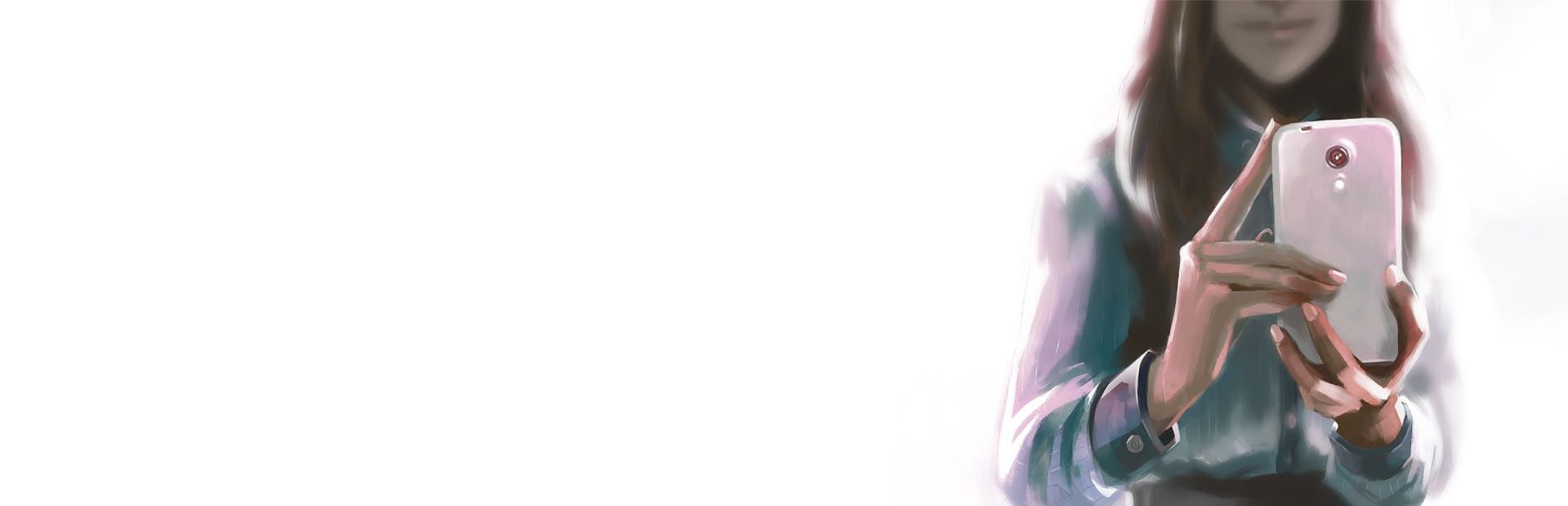 게임 『Another Lost Phone: Laura's Story』의 콘셉트 이미지. 흰 배경에 스마트폰 카메라로 이쪽을 찍고 있는 여성의 모습.