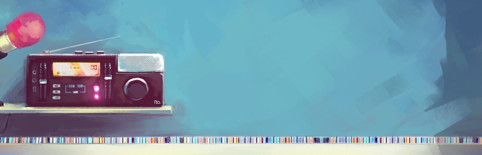 게임 『Alt-Frequencies』의 콘셉트 아트. 벽에 라디오와 마이크가 있는 선반이 있는 유화 터치풍 그림.