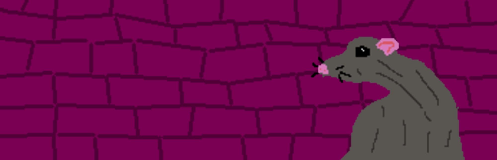 게임 『Rat Quest』의 콘셉트 이미지. 그림판으로 그린 듯한 그림. 자주색 벽돌벽을 배경으로 기괴하게 마른 회색 쥐의 그림.