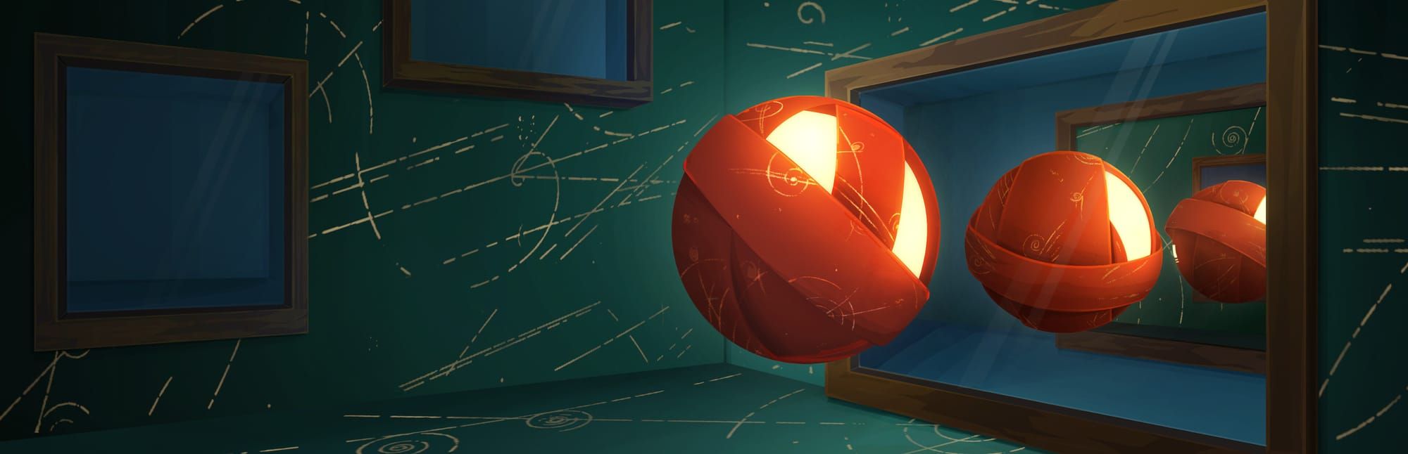 게임 『The Art of Reflection』의 콘셉트 아트. 칠판같은 벽에 기하학적 모양의 분필자국, 정사각형 거울에 반복적으로 비치는 붉게 빛나는 구의 모습.