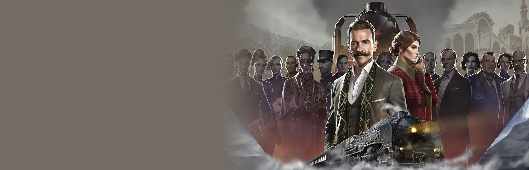 게임 『애거서 크리스티: 오리엔트 특급 살인』의 콘셉트 아트. 기관차를 배경과 앞쪽으로, 콧수염이 난 남성과 전화하는 여성을 비롯한 열몇명의 사람들이 서 있는 모습.