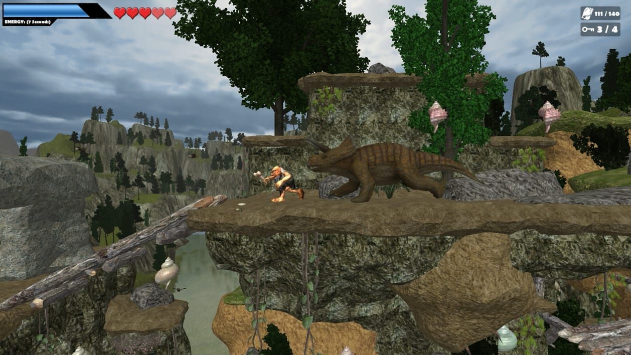 게임 『Caveman World: Mountains of Unga Boonga』의 스크린샷. 90년대 게임같은 야외 플랫포머 배경에 돌도끼를 든 원시인이 공룡에게 쫒기는 모습.