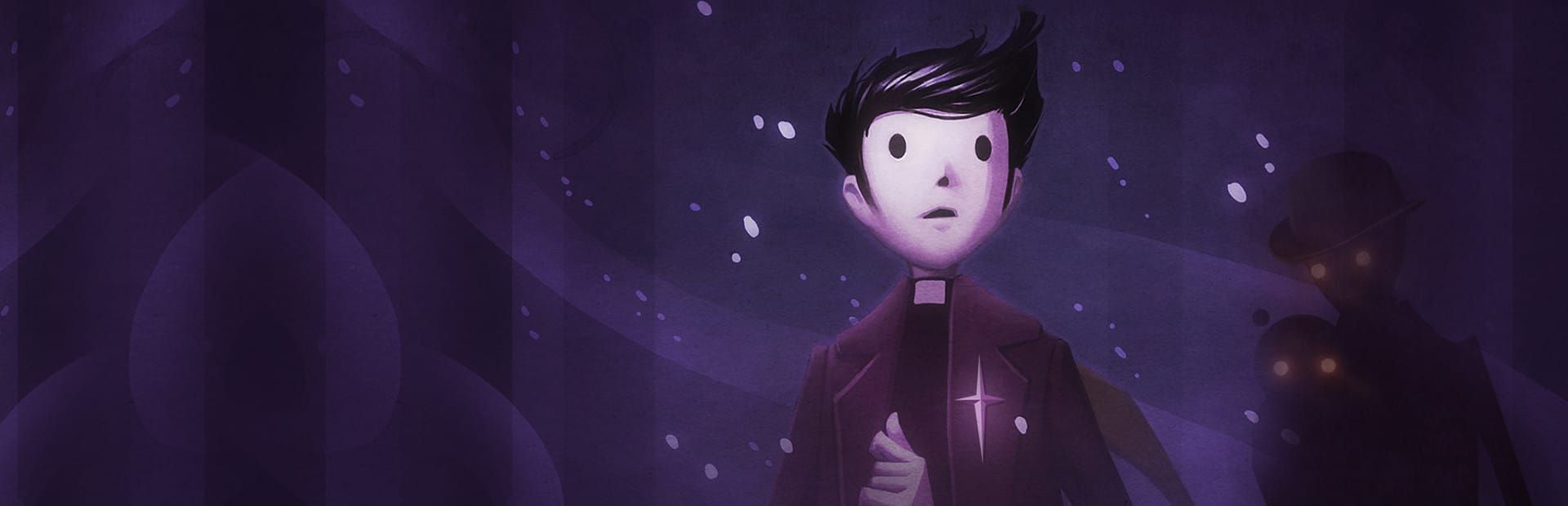 게임 『Pinstripe』의 콘셉트 아트. 눈이 오는 밤의 숲을 배경으로 서 있는 남자의 모습과 그 뒤에서 눈을 밝히고 있는 모자 쓴 사람과 아이의 그림자.