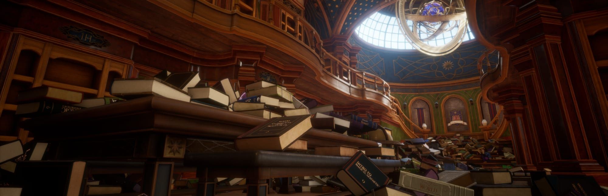 게임 『Librarian: Tidy Up the Arcane Library!』의 콘셉트 아트. 중세 도서관같은 화려한 목조 건물에 어질러져있는 많은 책들의 렌더 이미지.