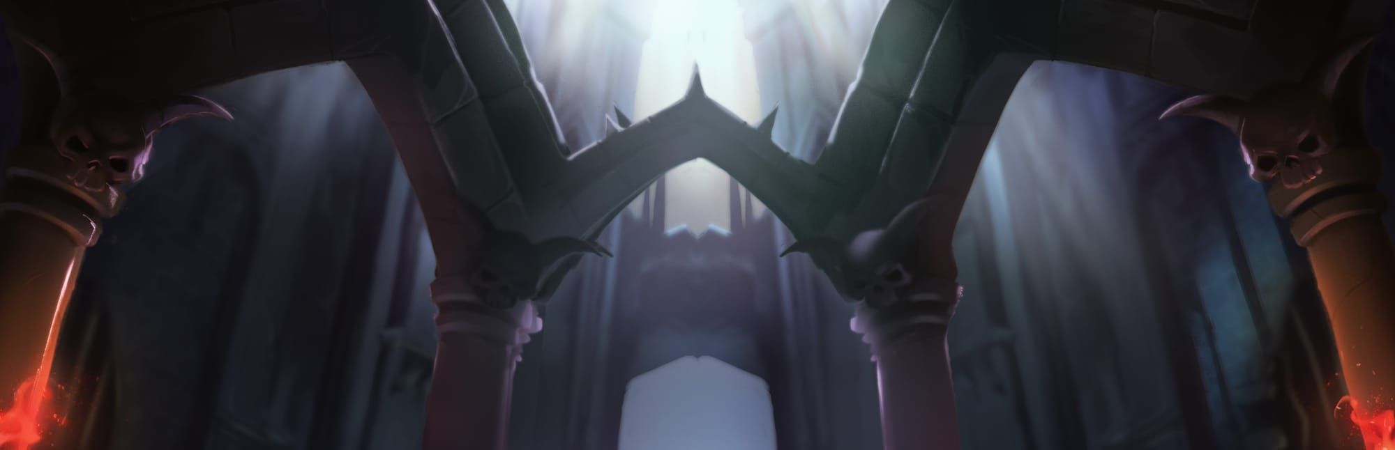 게임 『Legend of Keepers』의 콘셉트 아트. 판타지 고딕 양식의 횃불과 해골, 뾰족한 가시로 장식된 어두운 건물 내부에 위에서 빛이 내리쬐는 일러스트.