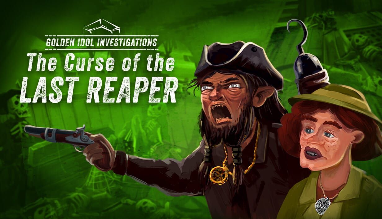 게임 『Golden Idol Investigations - The Curse of the Last Reaper』의 콘셉트 이미지. 초록색 해골무더기 범선을 배경으로 권총과 갈고리손의 해적과 탐험가 복장의 여성이 있는 일러스트.