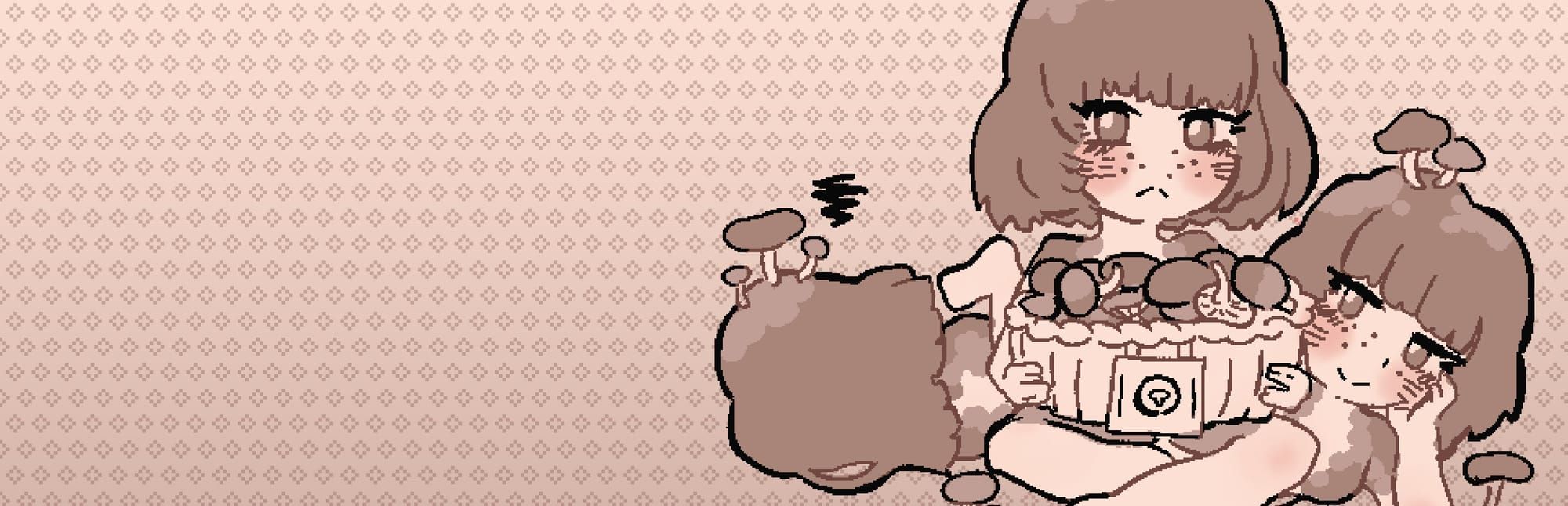 게임 『Mushroom Musume』의 콘셉트 아트. 옅은 무늬의 갈색 배경에 머리에 버섯 포자가 난 소녀들이 버섯 배지를 중심으로 있는 일러스트.