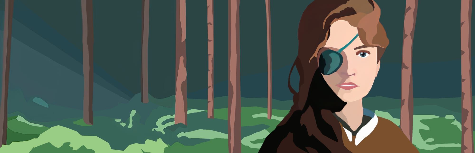 게임 『Asbury Pines』의 콘셉트 아트. 안대를 낀 긴 머리의 여성이 가느다란 나무들의 어두운 숲에 있는, 단색을 여러 장 겹쳐 만든 이미지.