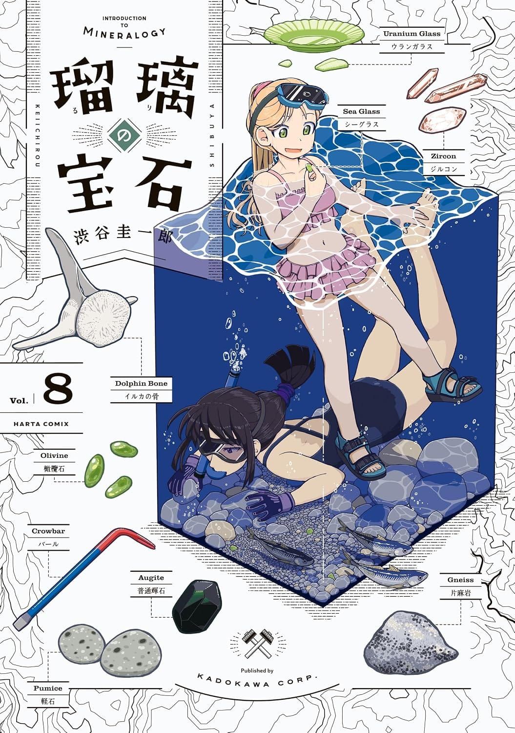 일본어 만화 『瑠璃の宝石』 1권의 표지. 등고선 지도, 과학 도안을 배경으로 수영중인 두 여성 캐릭터가 바다에서 암석을 찾는 그림.