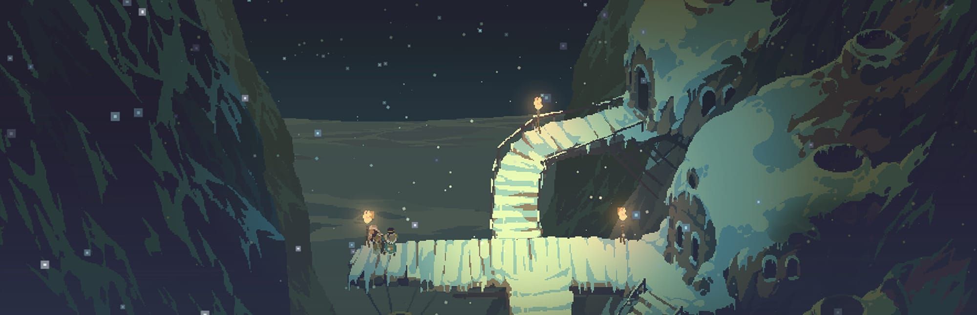 게임 『Moon Hunters』의 콘셉트 아트. 눈덮인 마을과 빙산 계곡 사이의 위태로운 널빤 다리 위에 서 있는 두 사람이 묘사된 도트풍 일러스트.