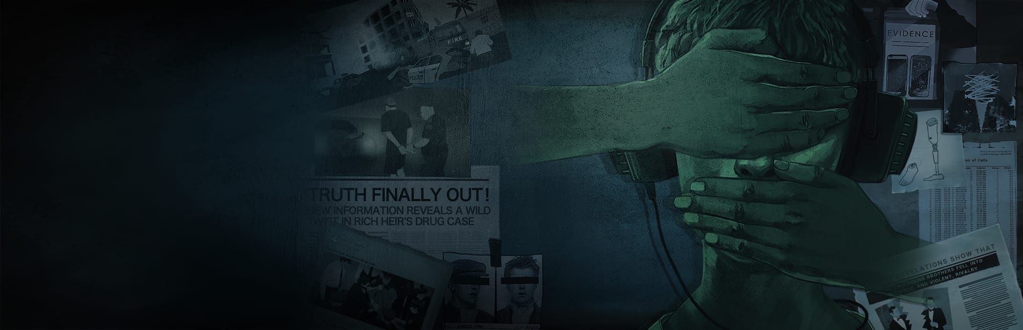 게임 『Unheard』의 콘셉트 아트. 탐정의 스크랩보드처럼 사진 기사들이 정리된 벽을 배경으로, 녹색조로 묘사된 사람이 눈과 입을 다른 사람의 손으로 가려진 채 큰 헤드셋을 차고 있는 모습의 일러스트.