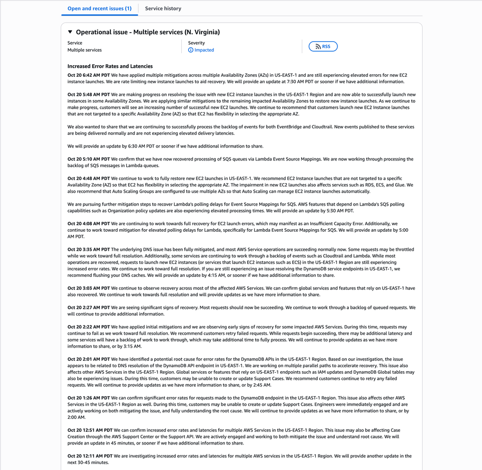 🟢 AWS US-EAST-1 Outage – Full Recovery in Progress After DNS and EC2 Launch Issues