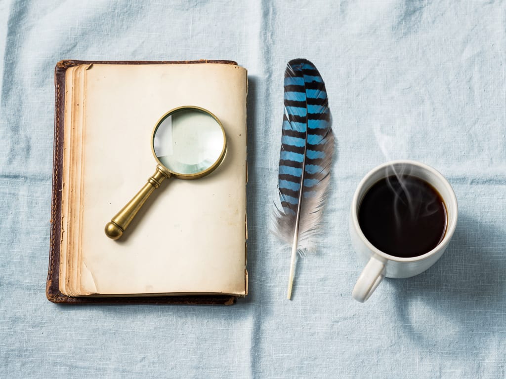 A journal, magnifying glass, and feather arranged to inspire wonder