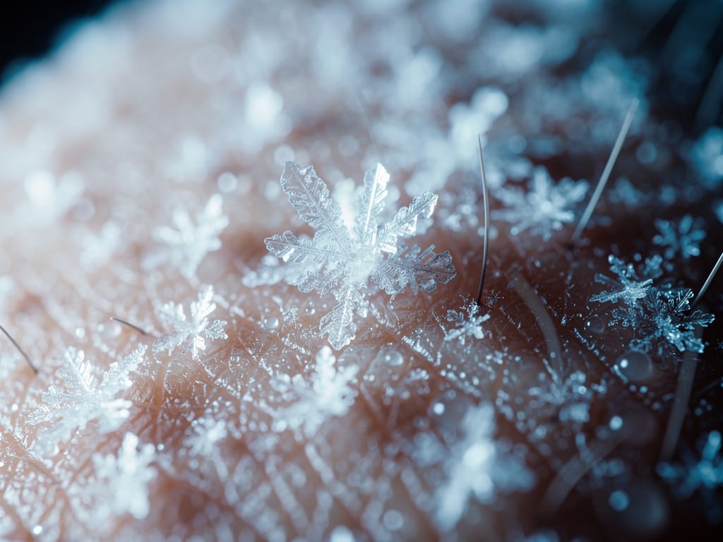 Ice crystals forming on skin macro close-up